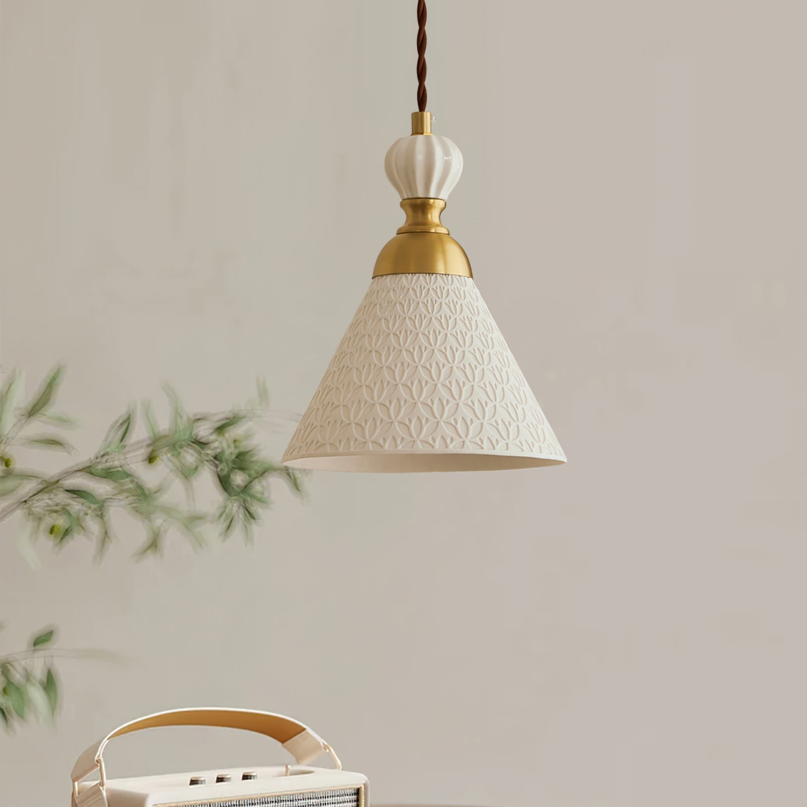 Pendant Lamp Ceramic 9.4 in White Indoor Ceiling Light Adjustable Brass Accents Modern Dining Room Kitchen Lighting | Thomler