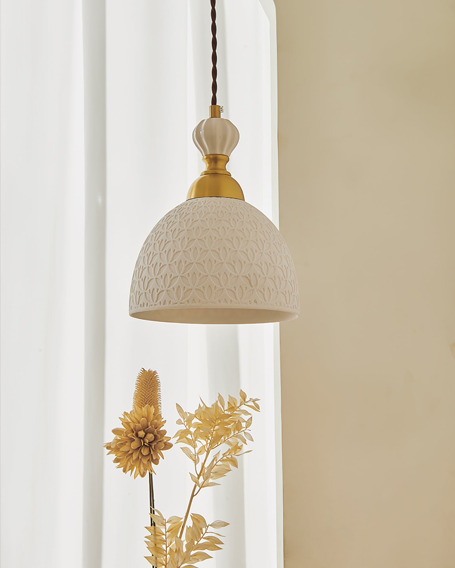 Pendant Lamp Ceramic 9.4 in White Indoor Ceiling Light Adjustable Brass Accents Modern Dining Room Kitchen Lighting | Thomler
