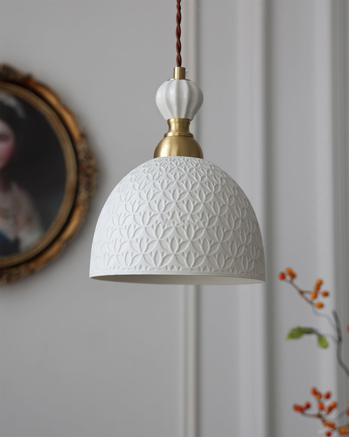 Pendant Lamp Ceramic 9.4 in White Indoor Ceiling Light Adjustable Brass Accents Modern Dining Room Kitchen Lighting | Thomler