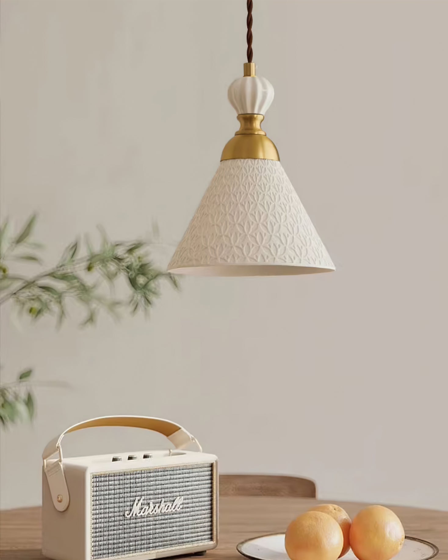 Pendant Lamp Ceramic 9.4 in White Indoor Ceiling Light Adjustable Brass Accents Modern Dining Room Kitchen Lighting | Thomler