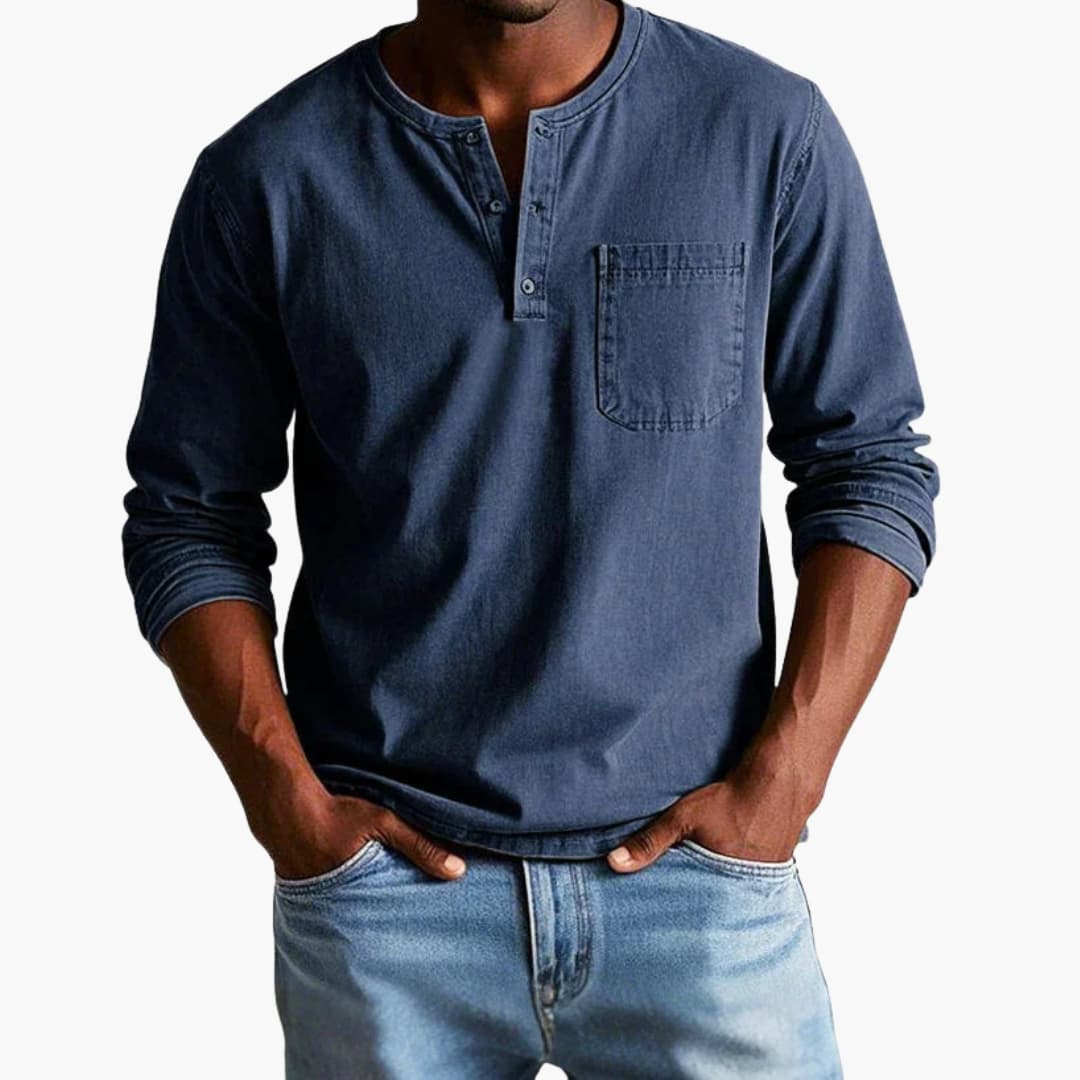 Men's Button-Front Pullover with Pocket – Comfortable Cotton-Blend Long-Sleeve Shirt for Casual Everyday Wear, Pairs with Jeans | Thomler