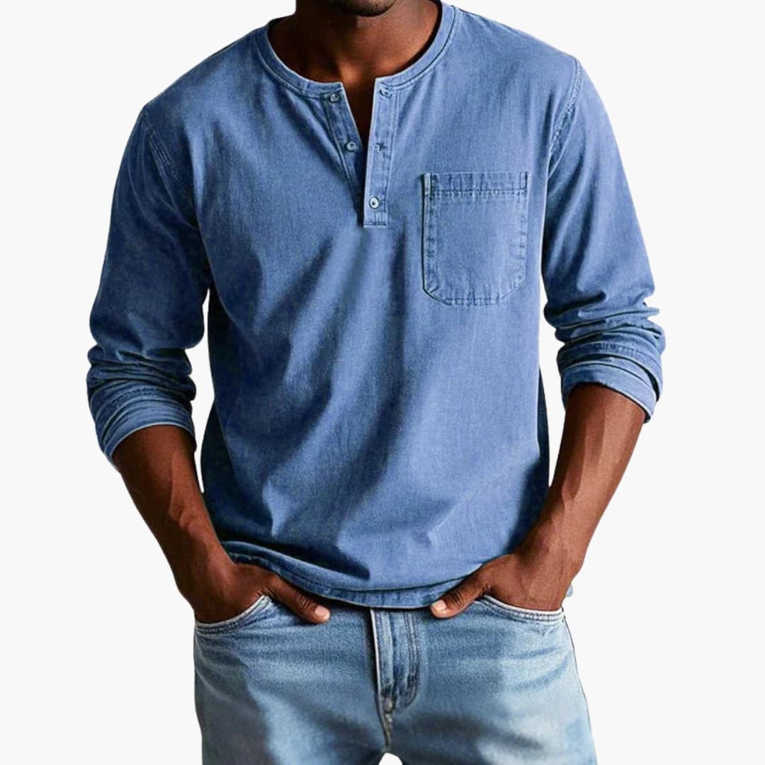 Men's Button-Front Pullover with Pocket – Comfortable Cotton-Blend Long-Sleeve Shirt for Casual Everyday Wear, Pairs with Jeans | Thomler
