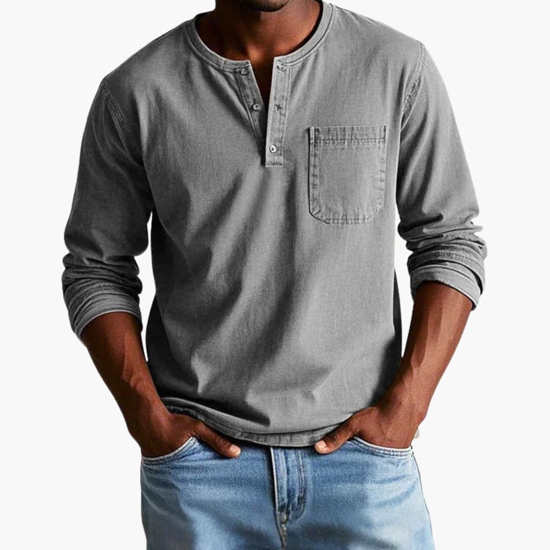 Men's Button-Front Pullover with Pocket – Comfortable Cotton-Blend Long-Sleeve Shirt for Casual Everyday Wear, Pairs with Jeans | Thomler