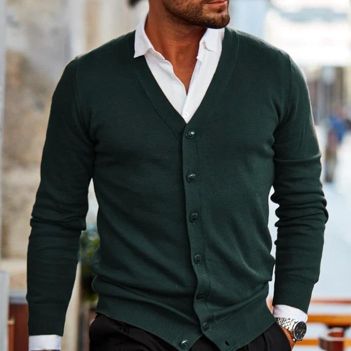Men's Button-Up Sweater with Ribbed Trim – Long Sleeve V-Neck Knit Cardigan for Casual & Office Wear, Layering Essential for Fall & Spring | Thomler