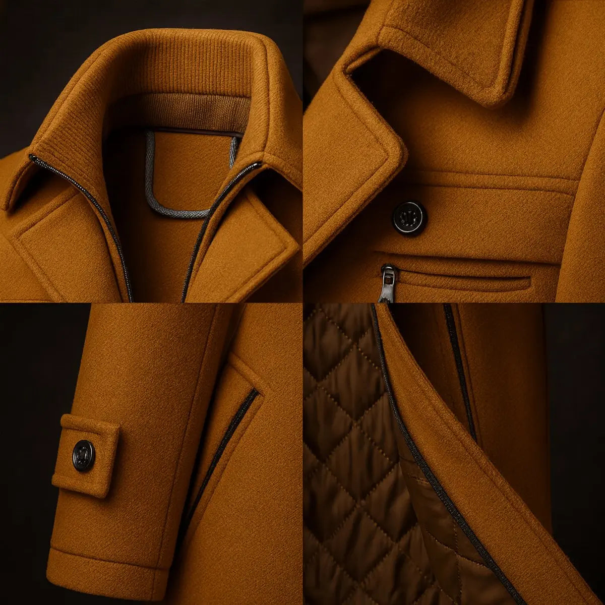 Men's Quilted-Lined Wool Topcoat – Formal Winter Coat with Layered Stand Collar & Multiple Pockets | Thomler