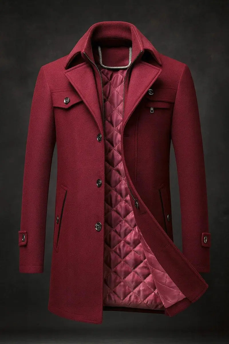Men's Quilted-Lined Wool Topcoat – Formal Winter Coat with Layered Stand Collar & Multiple Pockets | Thomler
