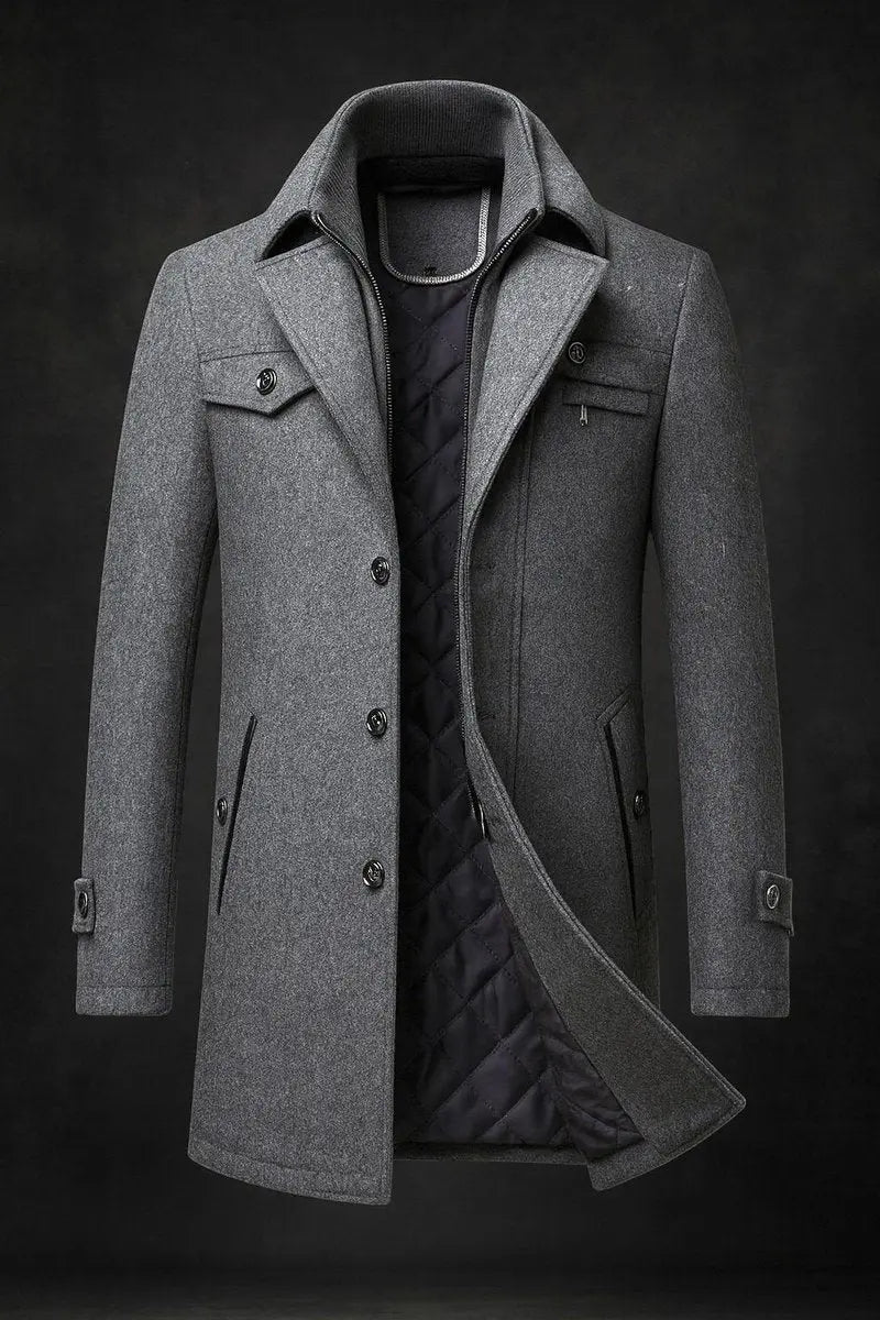 Men's Quilted-Lined Wool Topcoat – Formal Winter Coat with Layered Stand Collar & Multiple Pockets | Thomler