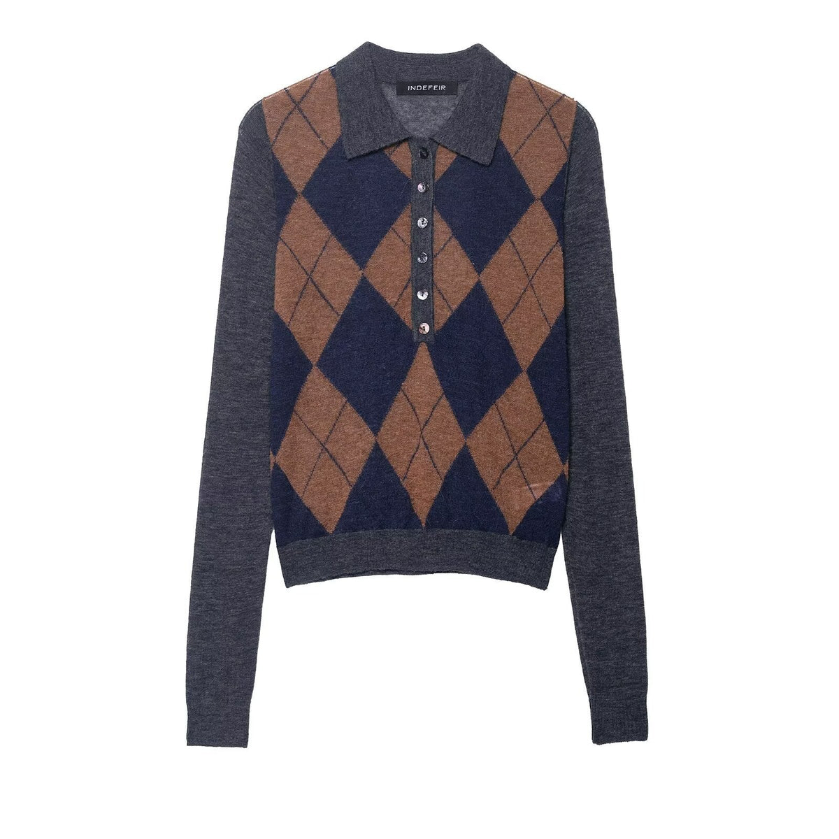 Diamond-Knit Button-Up Polo Cardigan for Women – Collared Long Sleeve Top with Ribbed Trim | Thomler