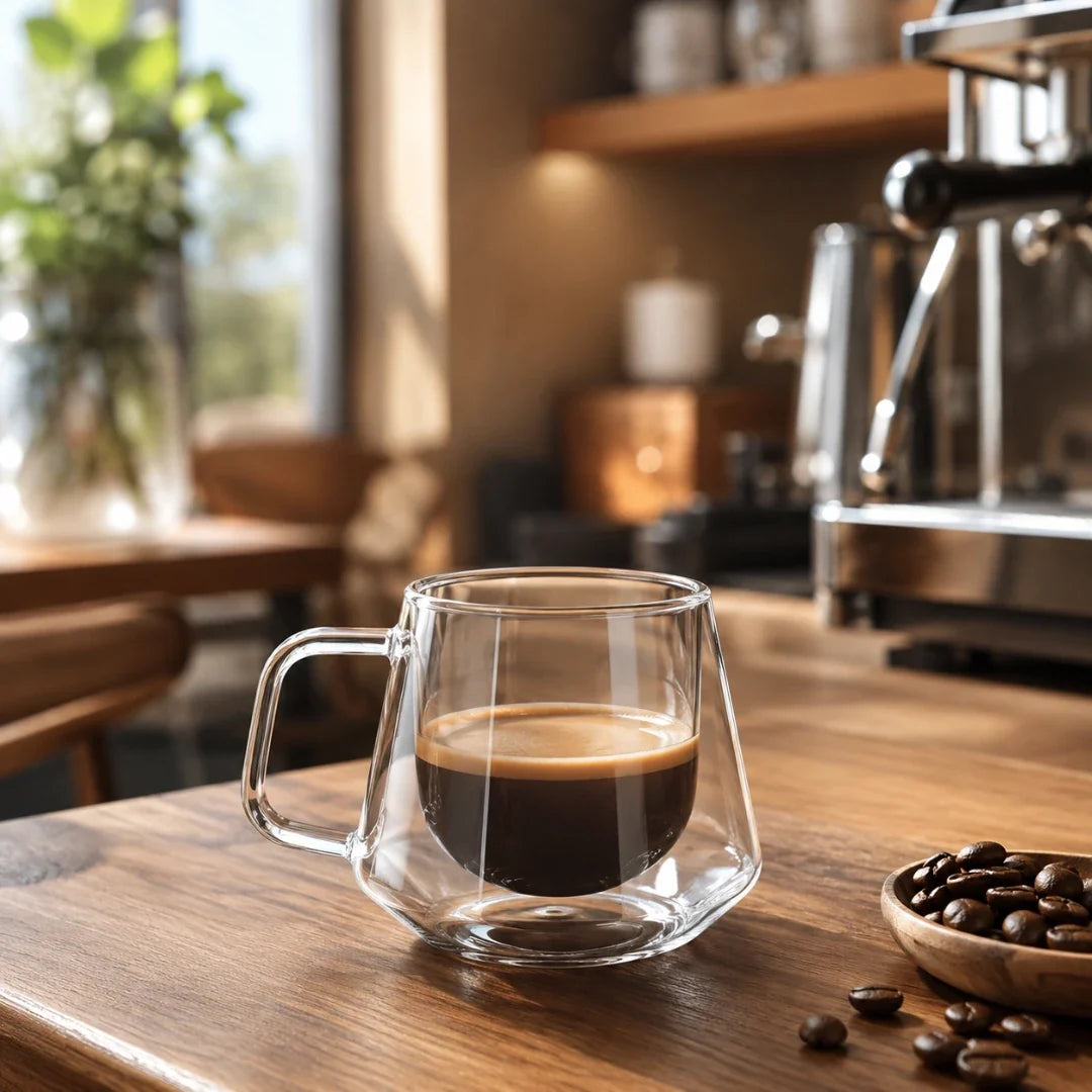 Insulated Borosilicate Coffee Cup with Geometric Faceted Exterior – 6.8 oz Clear Glass Espresso Tumbler for Hot & Cold Drinks | Thomler