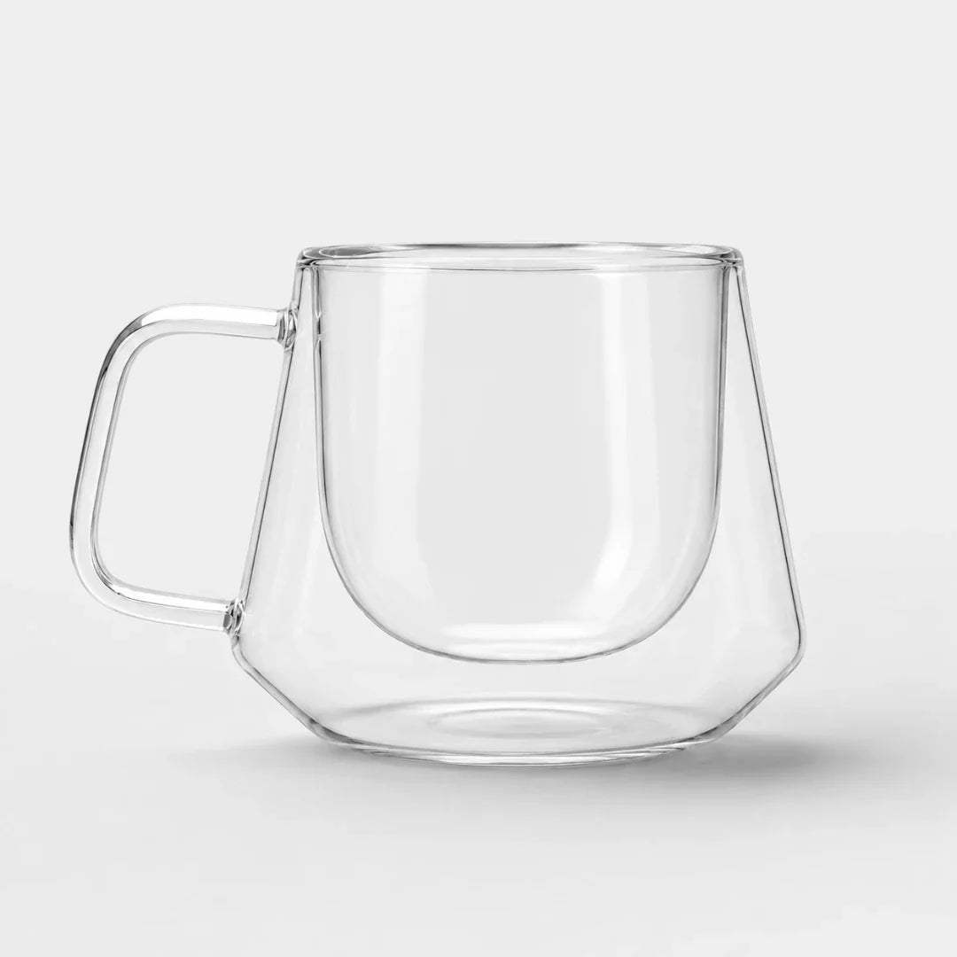 Insulated Borosilicate Coffee Cup with Geometric Faceted Exterior – 6.8 oz Clear Glass Espresso Tumbler for Hot & Cold Drinks | Thomler