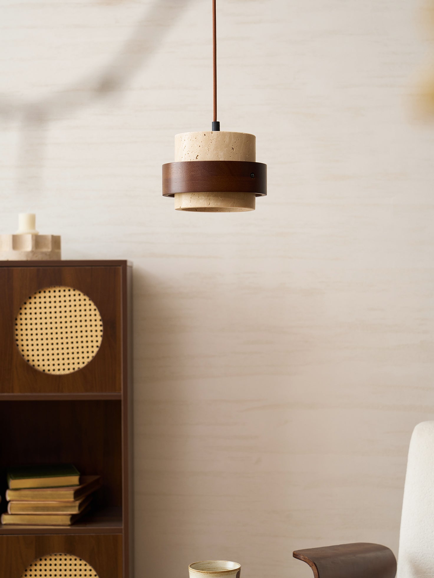 Pendant Light Travertine Stone Shade 6.7 in Ambient Walnut Wood Dining Room Kitchen Island Hanging Lamp | Thomler