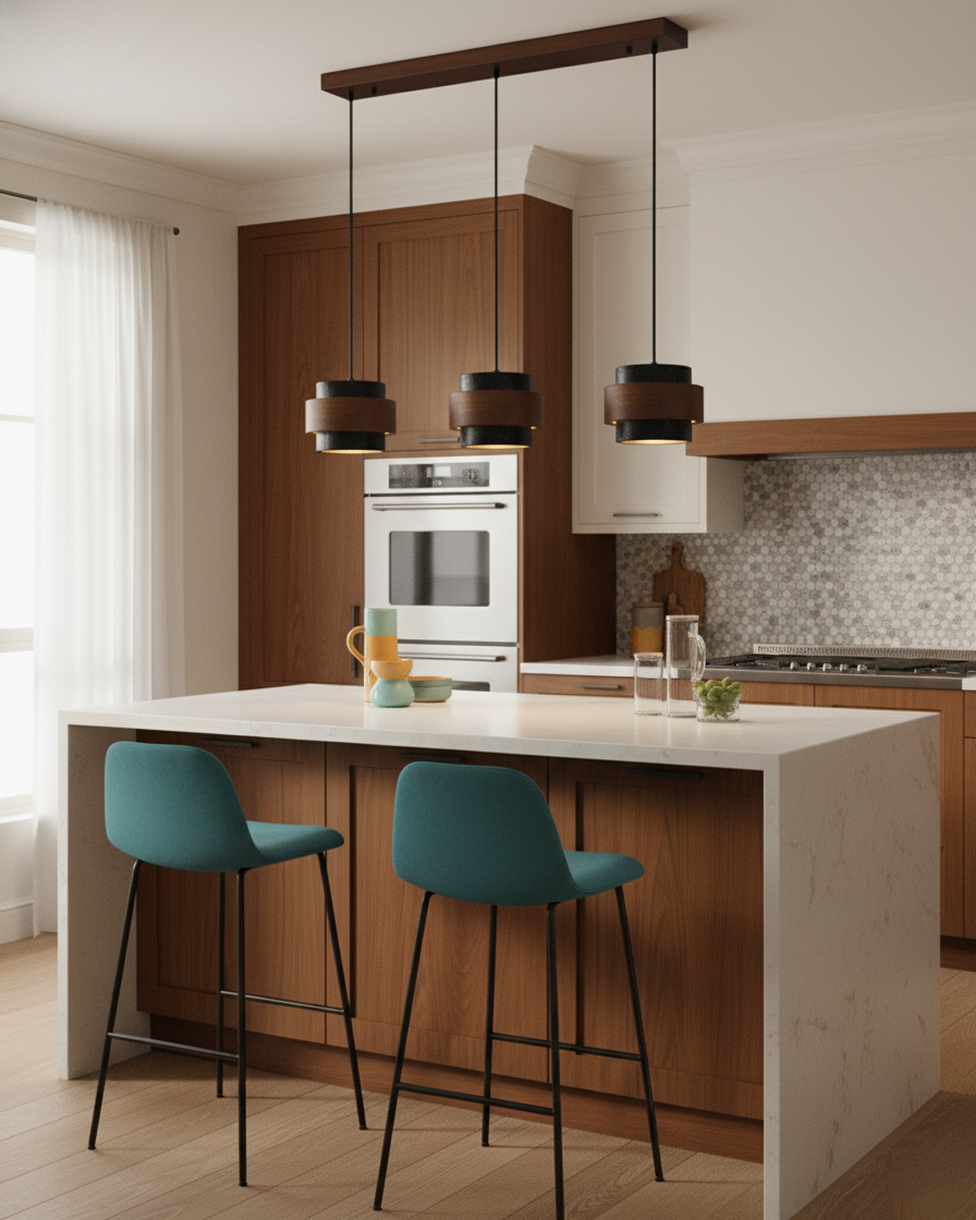 Pendant Light Travertine Stone Shade 6.7 in Ambient Walnut Wood Dining Room Kitchen Island Hanging Lamp | Thomler