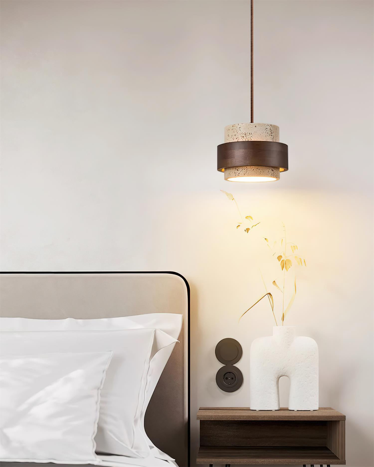 Pendant Light Travertine Stone Shade 6.7 in Ambient Walnut Wood Dining Room Kitchen Island Hanging Lamp | Thomler