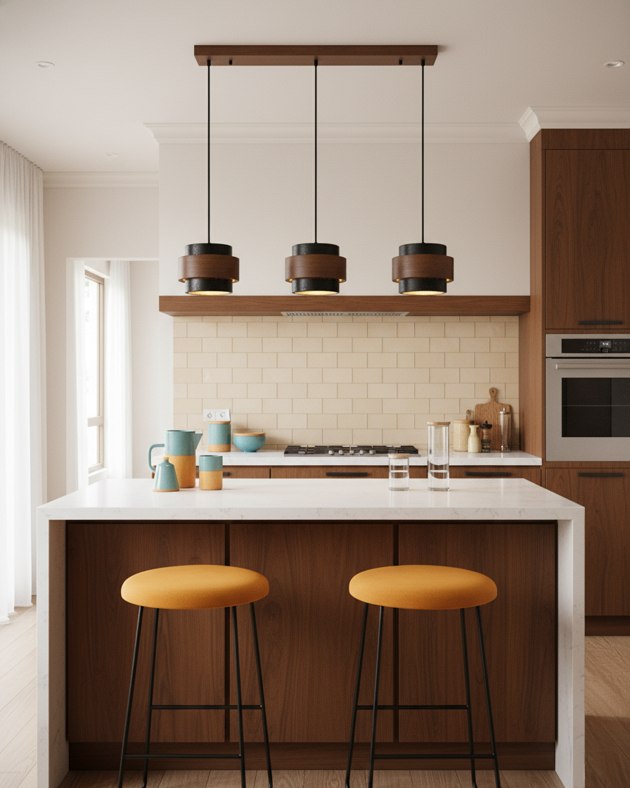 Pendant Light Travertine Stone Shade 6.7 in Ambient Walnut Wood Dining Room Kitchen Island Hanging Lamp | Thomler
