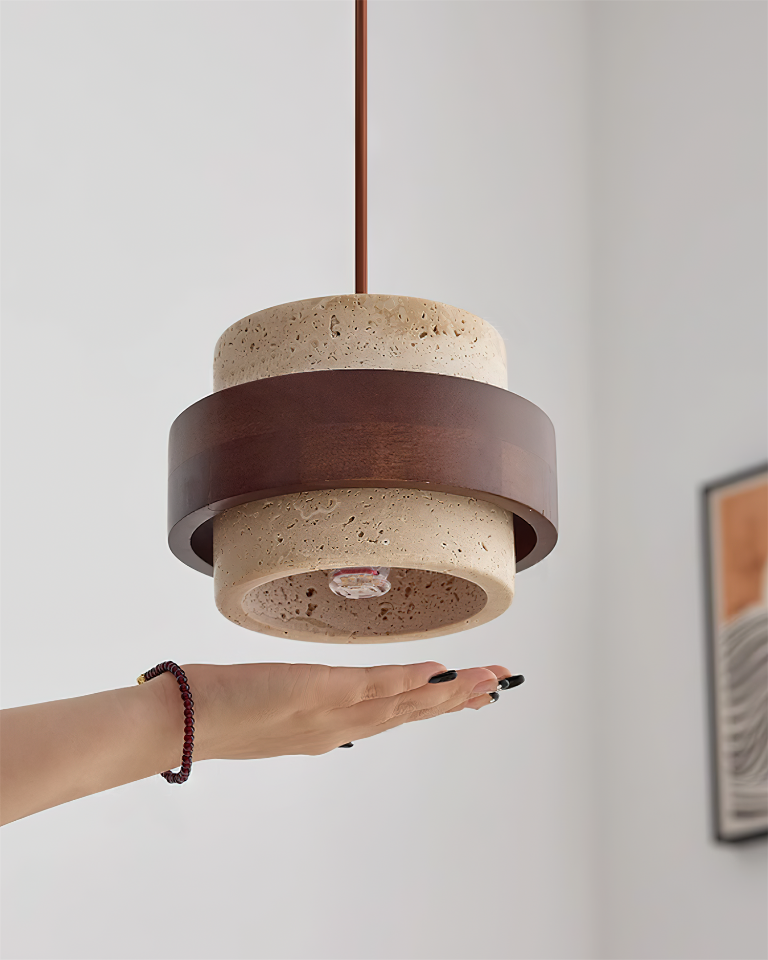 Pendant Light Travertine Stone Shade 6.7 in Ambient Walnut Wood Dining Room Kitchen Island Hanging Lamp | Thomler