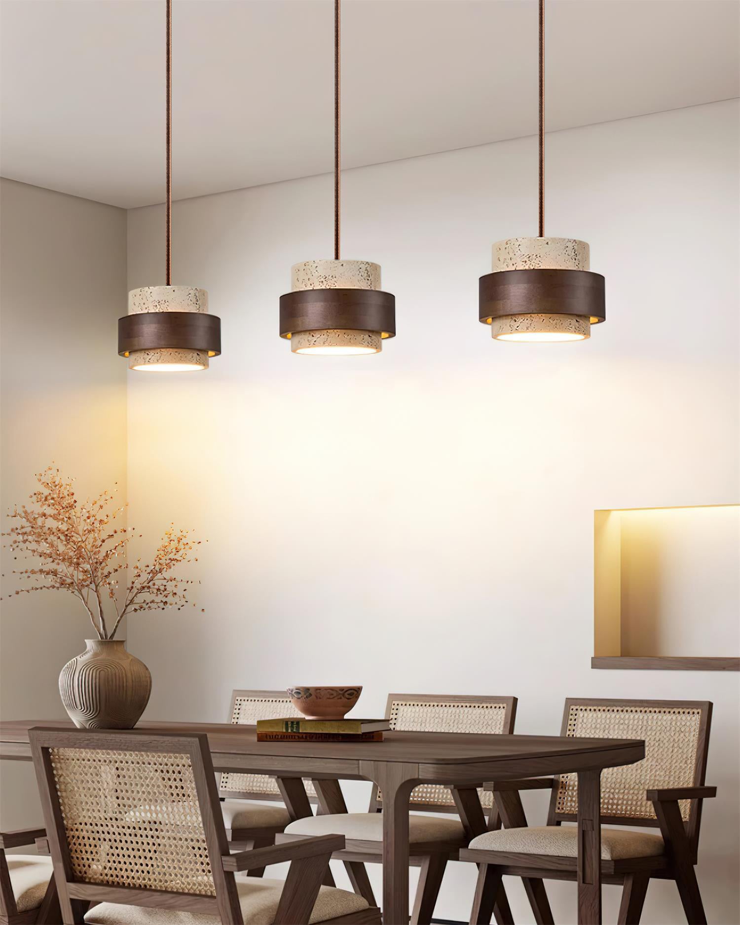 Pendant Light Travertine Stone Shade 6.7 in Ambient Walnut Wood Dining Room Kitchen Island Hanging Lamp | Thomler