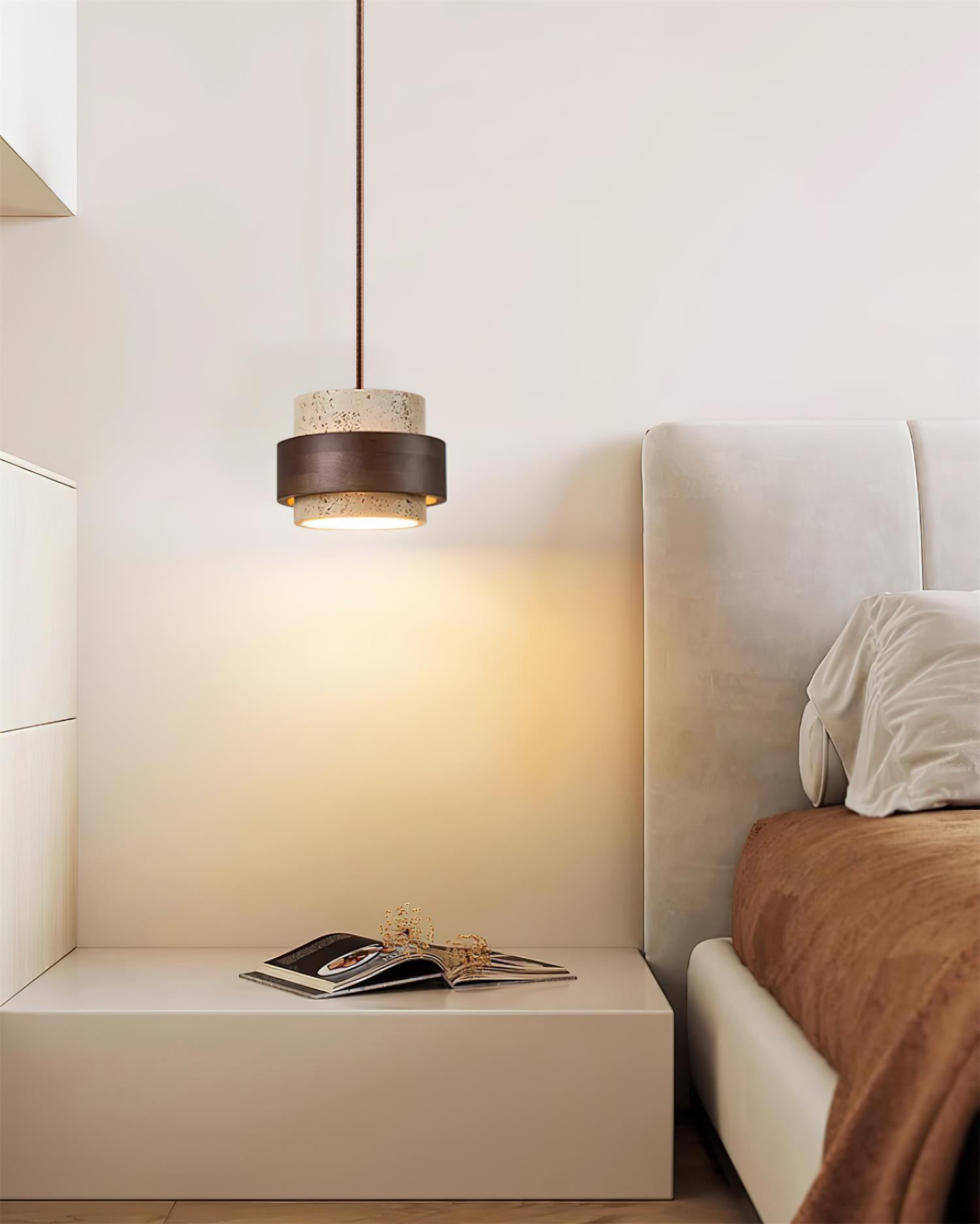 Pendant Light Travertine Stone Shade 6.7 in Ambient Walnut Wood Dining Room Kitchen Island Hanging Lamp | Thomler