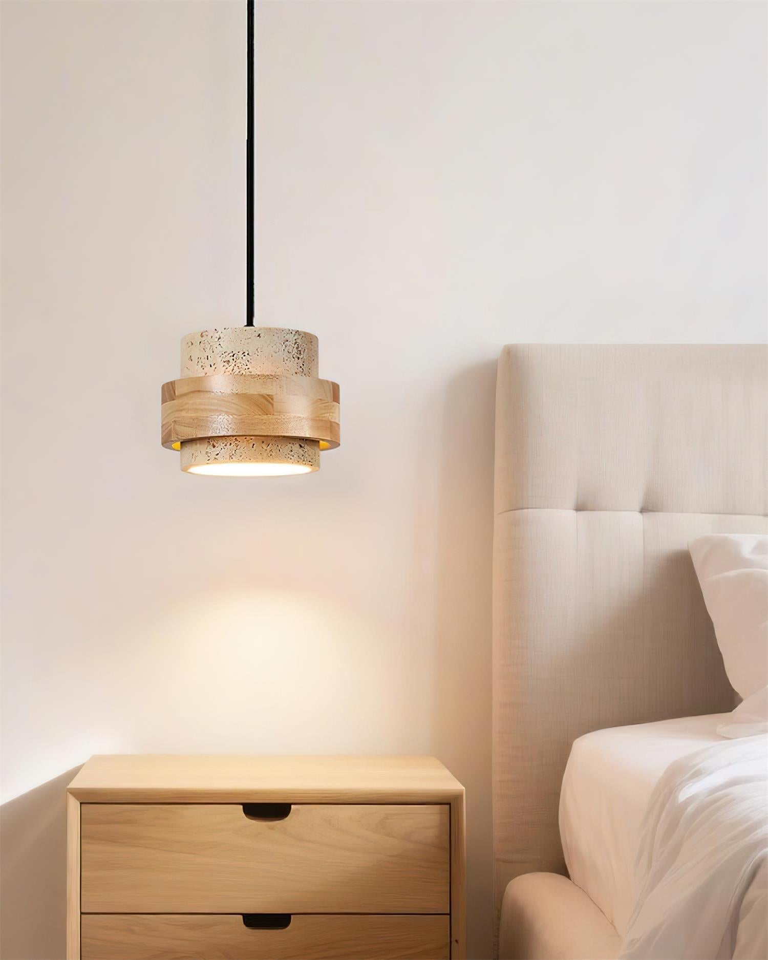 Pendant Light Travertine Stone Shade 6.7 in Ambient Walnut Wood Dining Room Kitchen Island Hanging Lamp | Thomler