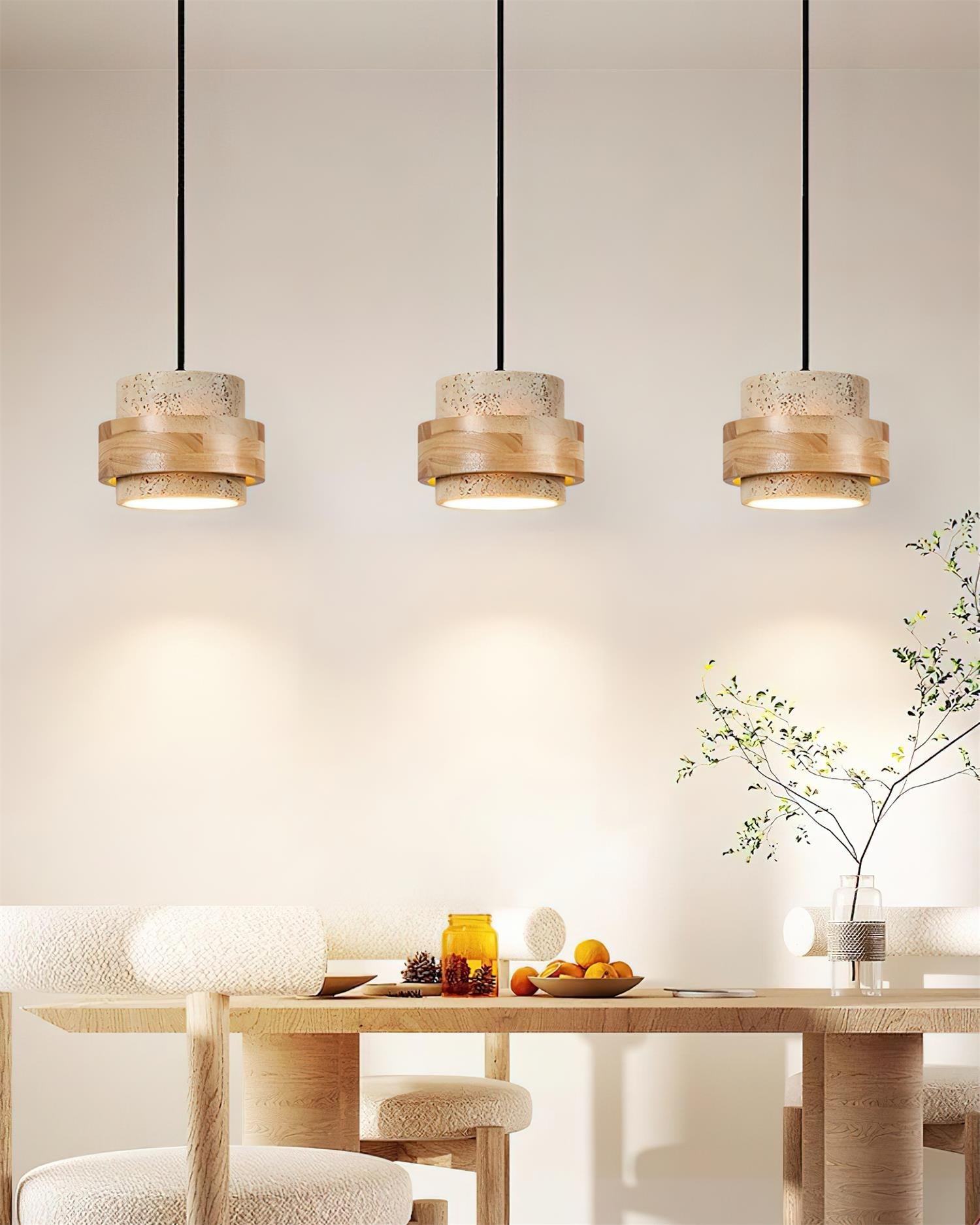 Pendant Light Travertine Stone Shade 6.7 in Ambient Walnut Wood Dining Room Kitchen Island Hanging Lamp | Thomler