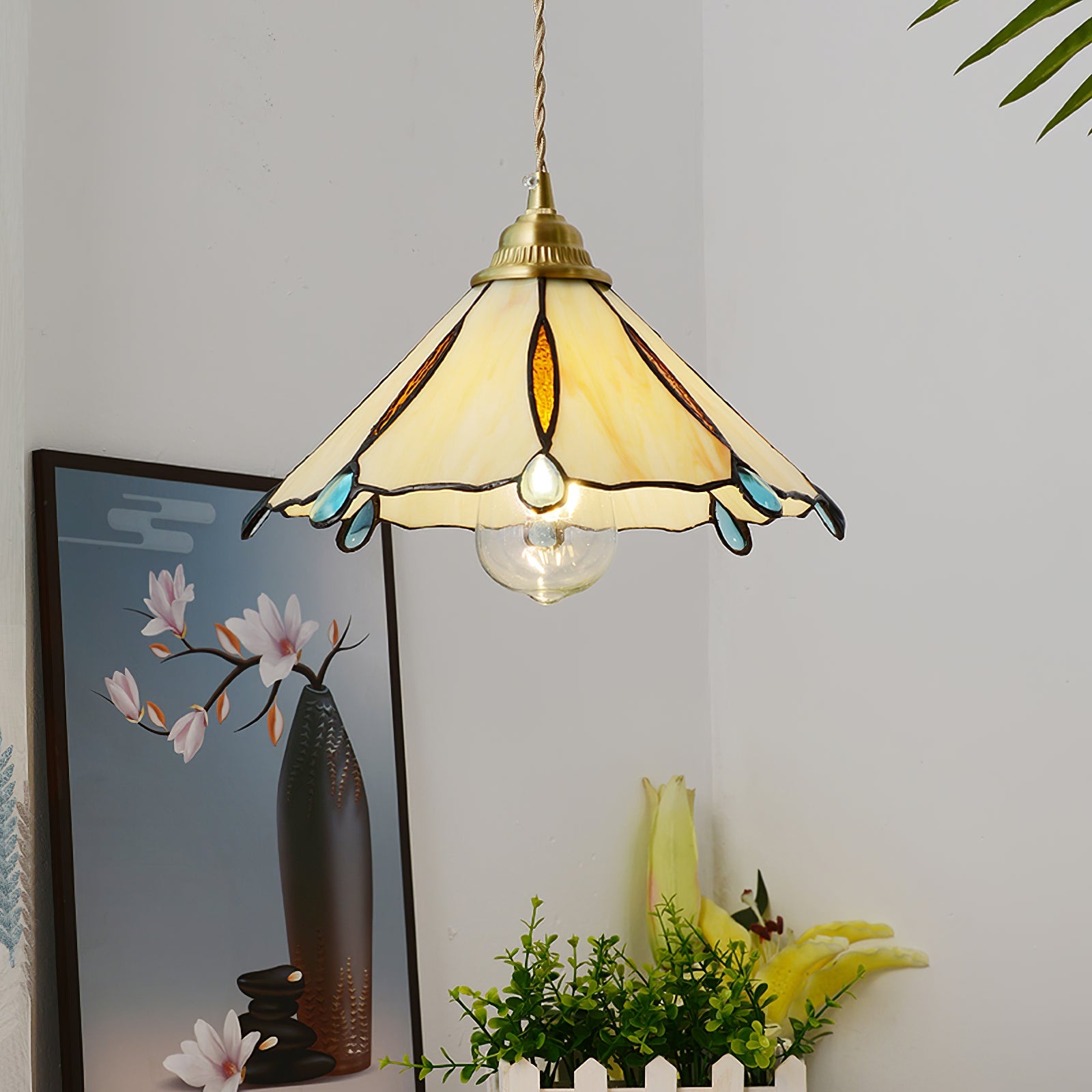 Pendant Light Stained Glass Cone 10.6 in Adjustable Kitchen Dining Room Hanging Lamp | Thomler