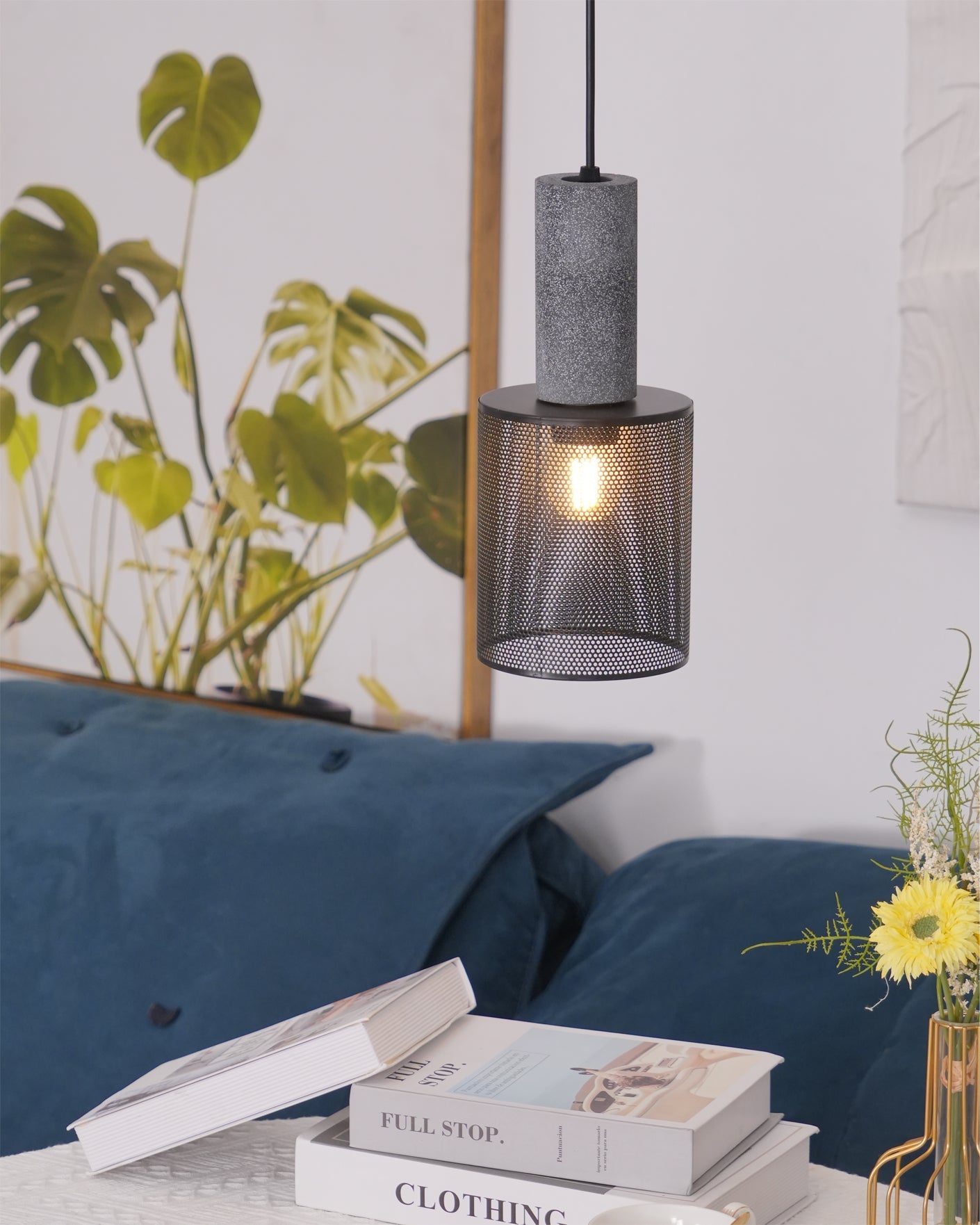 Pendant Light Cement Metal 9.8 in Adjustable Indoor Ceiling Lamp Black Grey Dining Kitchen Bedroom Accent | Thomler