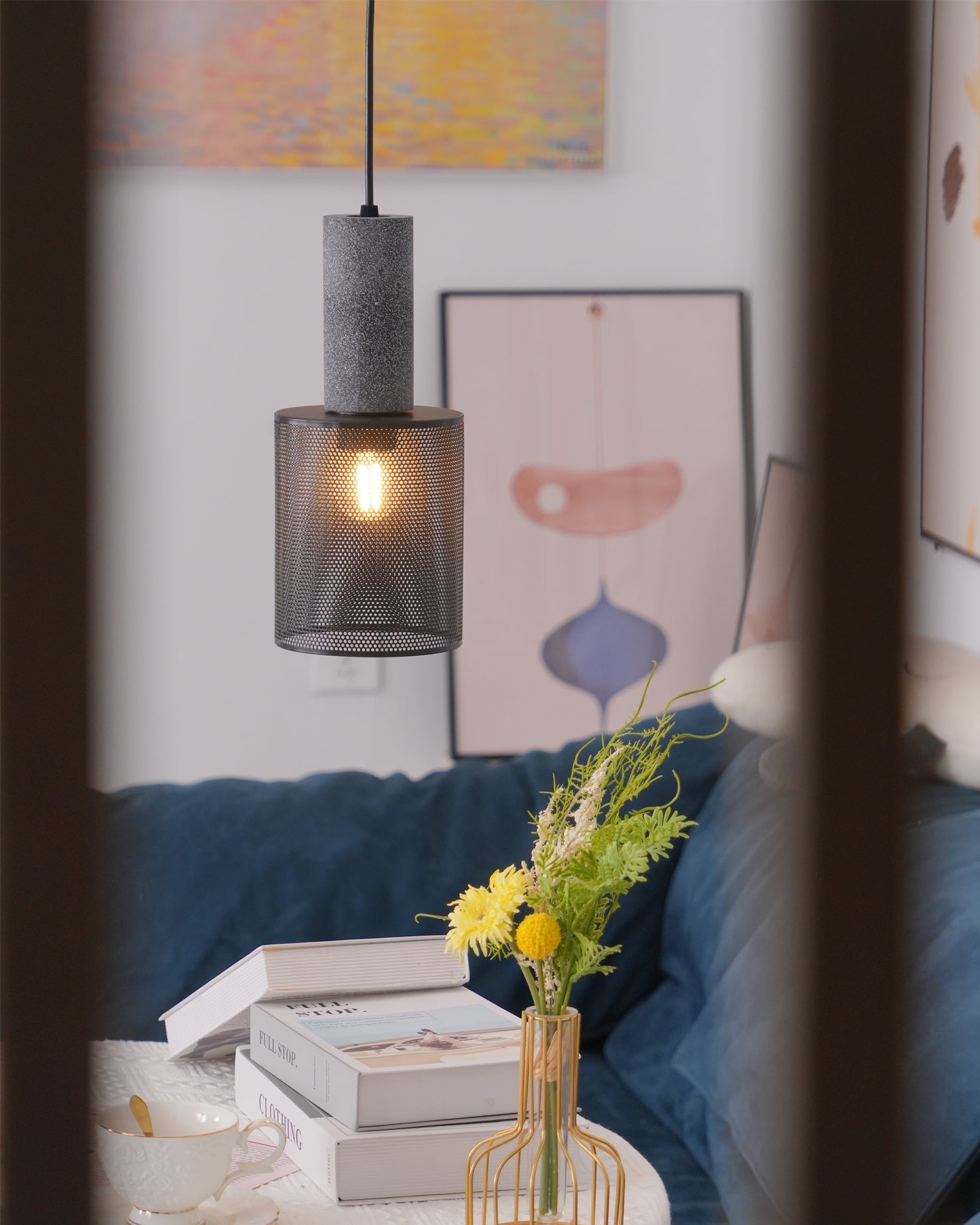 Pendant Light Cement Metal 9.8 in Adjustable Indoor Ceiling Lamp Black Grey Dining Kitchen Bedroom Accent | Thomler