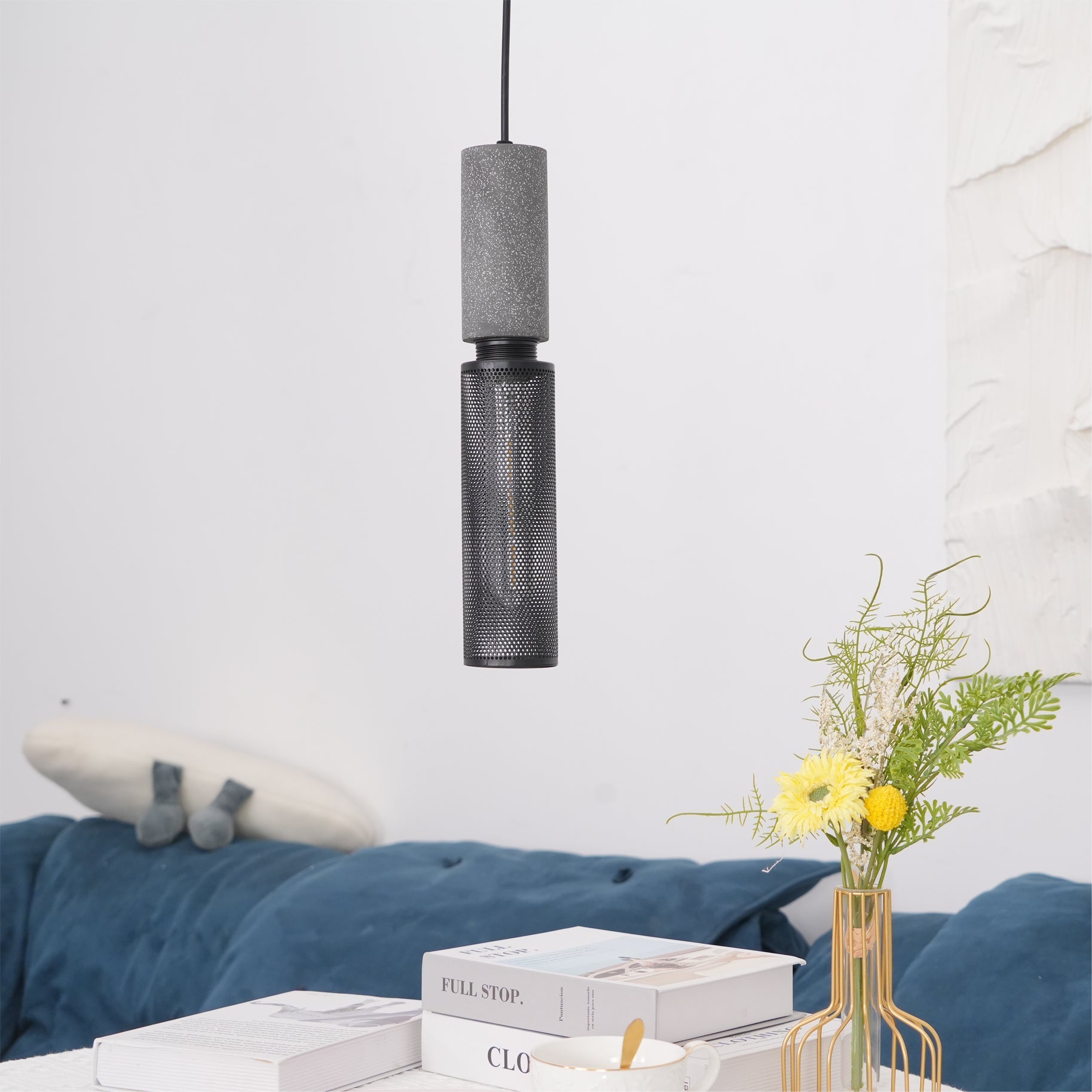 Pendant Light Cement Metal 9.8 in Adjustable Indoor Ceiling Lamp Black Grey Dining Kitchen Bedroom Accent | Thomler