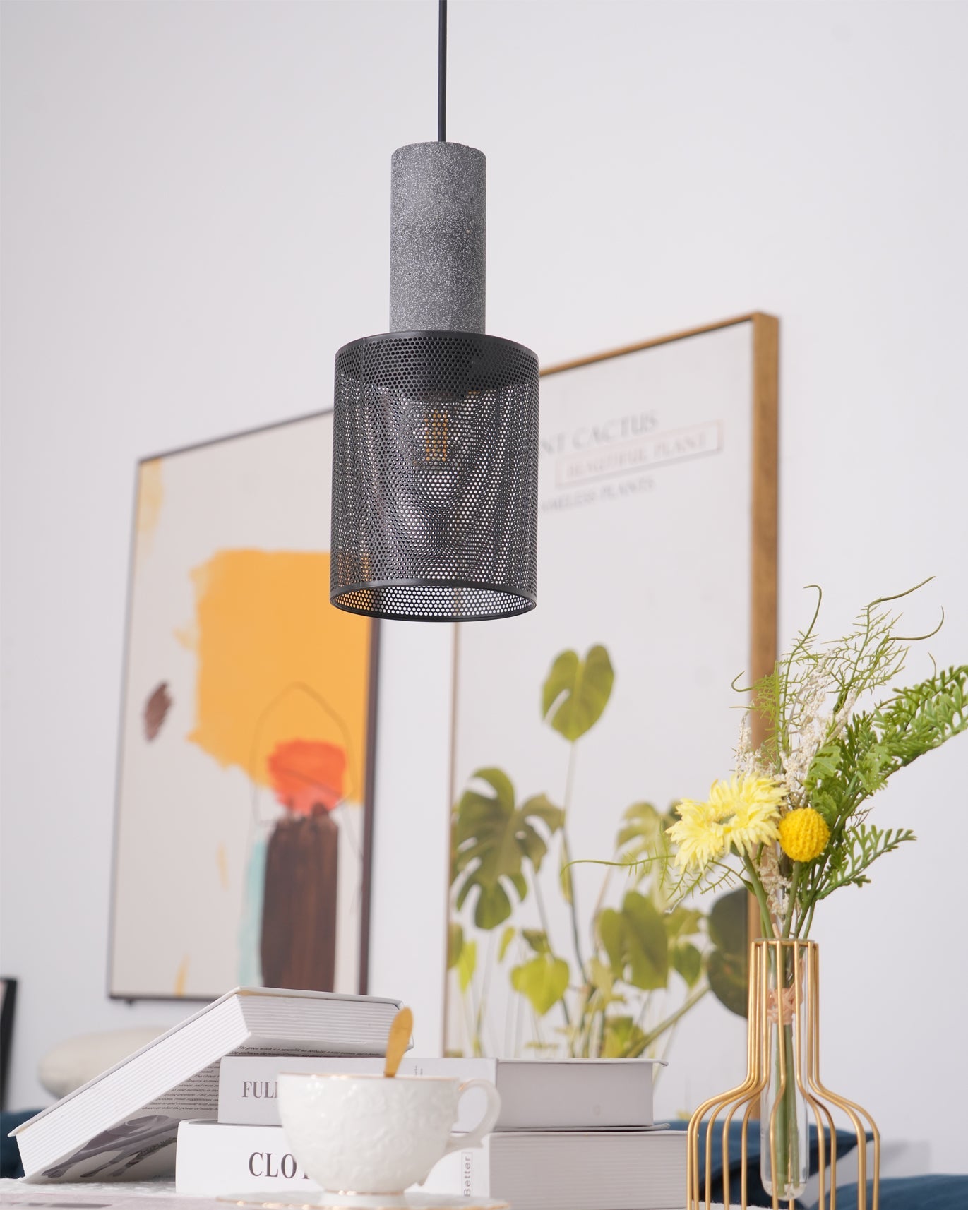 Pendant Light Cement Metal 9.8 in Adjustable Indoor Ceiling Lamp Black Grey Dining Kitchen Bedroom Accent | Thomler