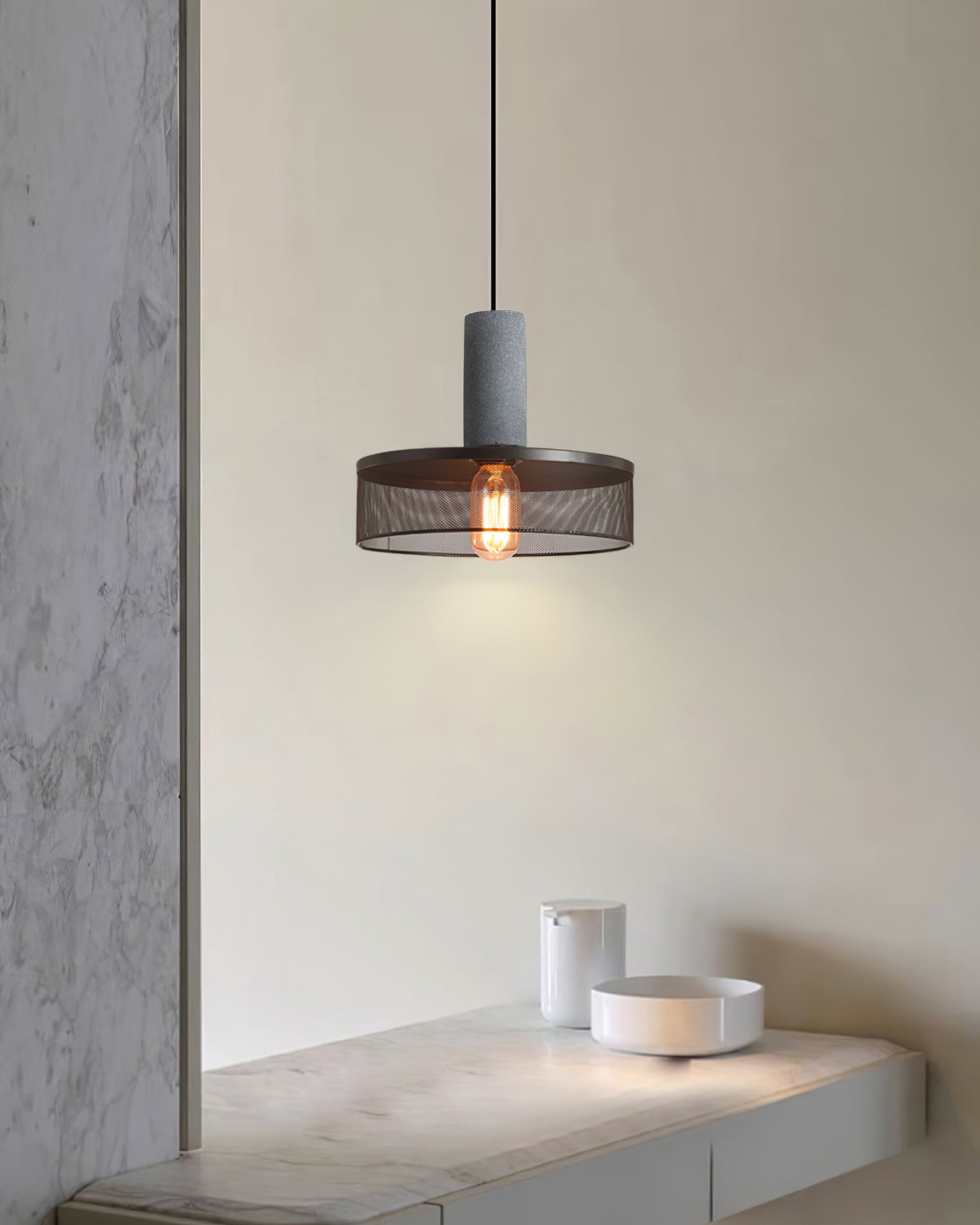 Pendant Light Cement Metal 9.8 in Adjustable Indoor Ceiling Lamp Black Grey Dining Kitchen Bedroom Accent | Thomler