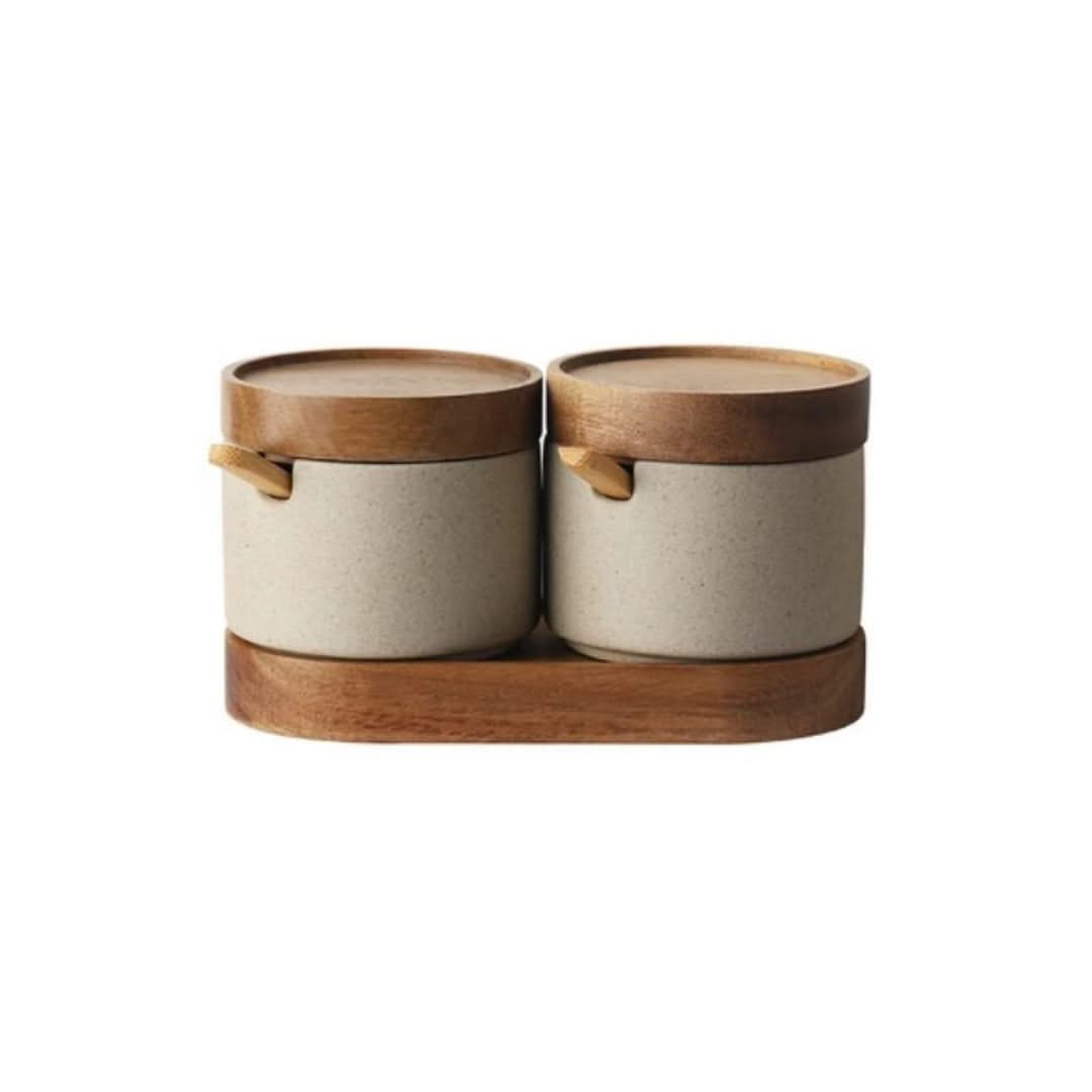 Ceramic Seasoning Canisters with Bamboo Lids & Wooden Spoons – Kitchen Counter Organizer for Salt, Sugar & Spice Storage | Thomler
