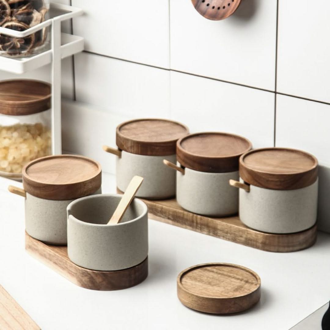Ceramic Seasoning Canisters with Bamboo Lids & Wooden Spoons – Kitchen Counter Organizer for Salt, Sugar & Spice Storage | Thomler