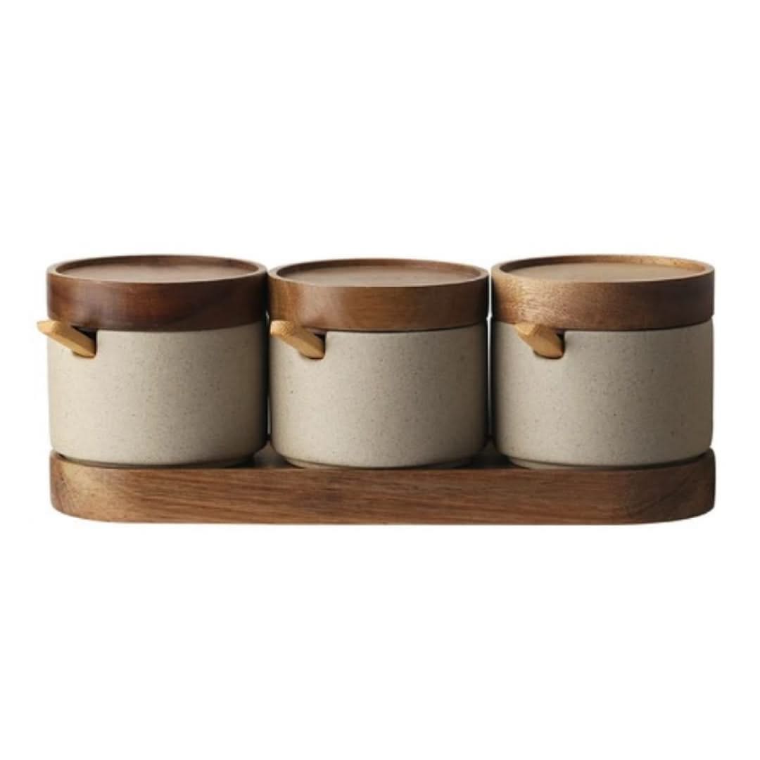 Ceramic Seasoning Canisters with Bamboo Lids & Wooden Spoons – Kitchen Counter Organizer for Salt, Sugar & Spice Storage | Thomler
