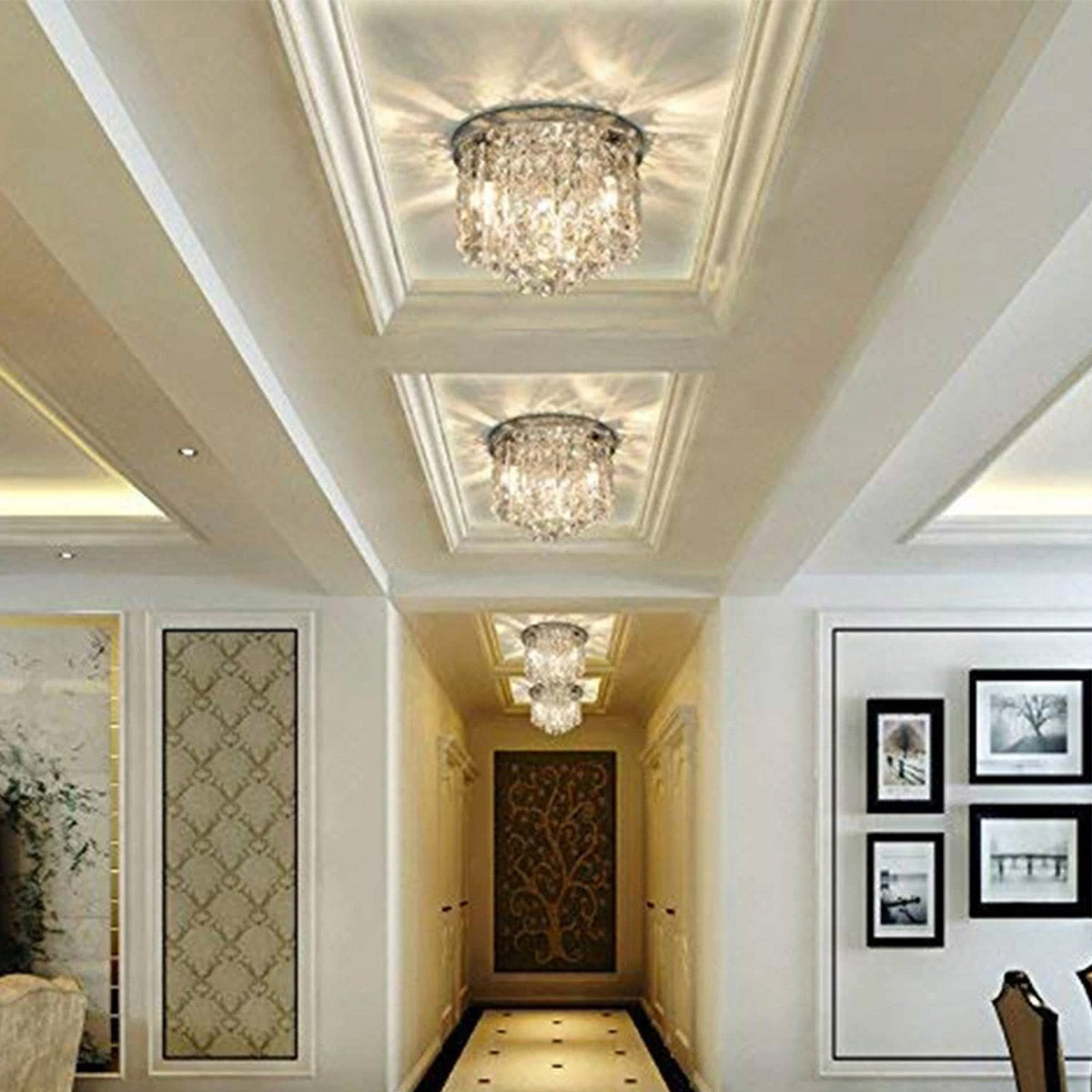 Flush Mount Crystal Ceiling Light Round Chandelier Chrome Finish for Bedroom Living Room Hallway Elegant Lighting Fixture Sparkling | Thomler
