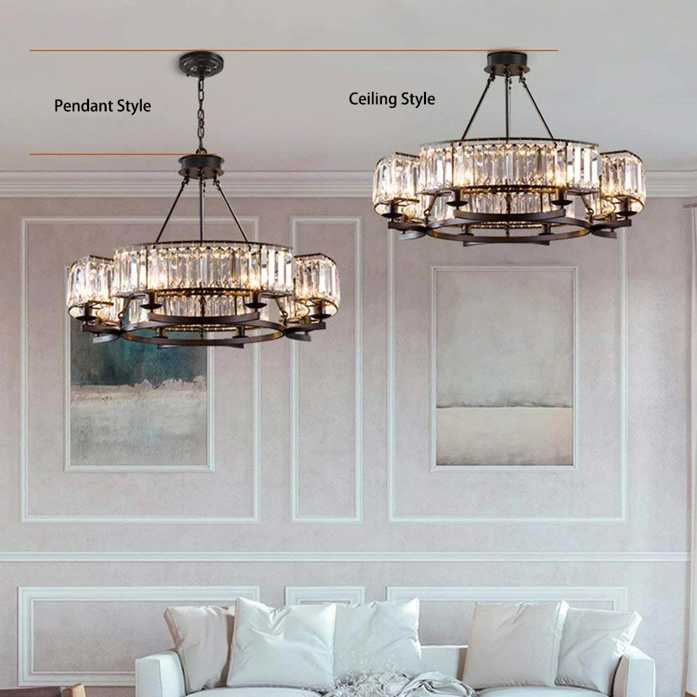 Chandelier Metal Crystal 80.0 cm Matte Black Dining Room Wagon Wheel Ceiling Light Adjustable Hanging Fixture | Thomler