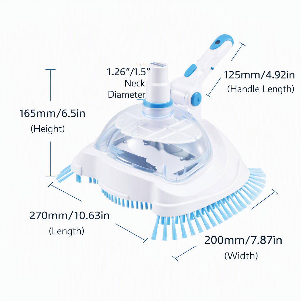Weighted Pool Vacuum Head with Corner Bristles for Inground & Above-Ground Pools – Swivel Hose Fitting, ABS Frame, Quick-Clip Pole Mount | Thomler