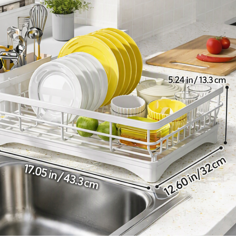 Countertop Dish Rack with Cutlery Caddy – Steel Frame Drainer for Plates, Bowls & Silverware | Rust-Resistant Kitchen Organizer | Thomler