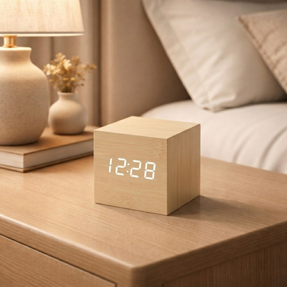 Wooden LED Alarm Clock with Sound-Activated Display – Compact Cube for Bedroom & Office | Thomler