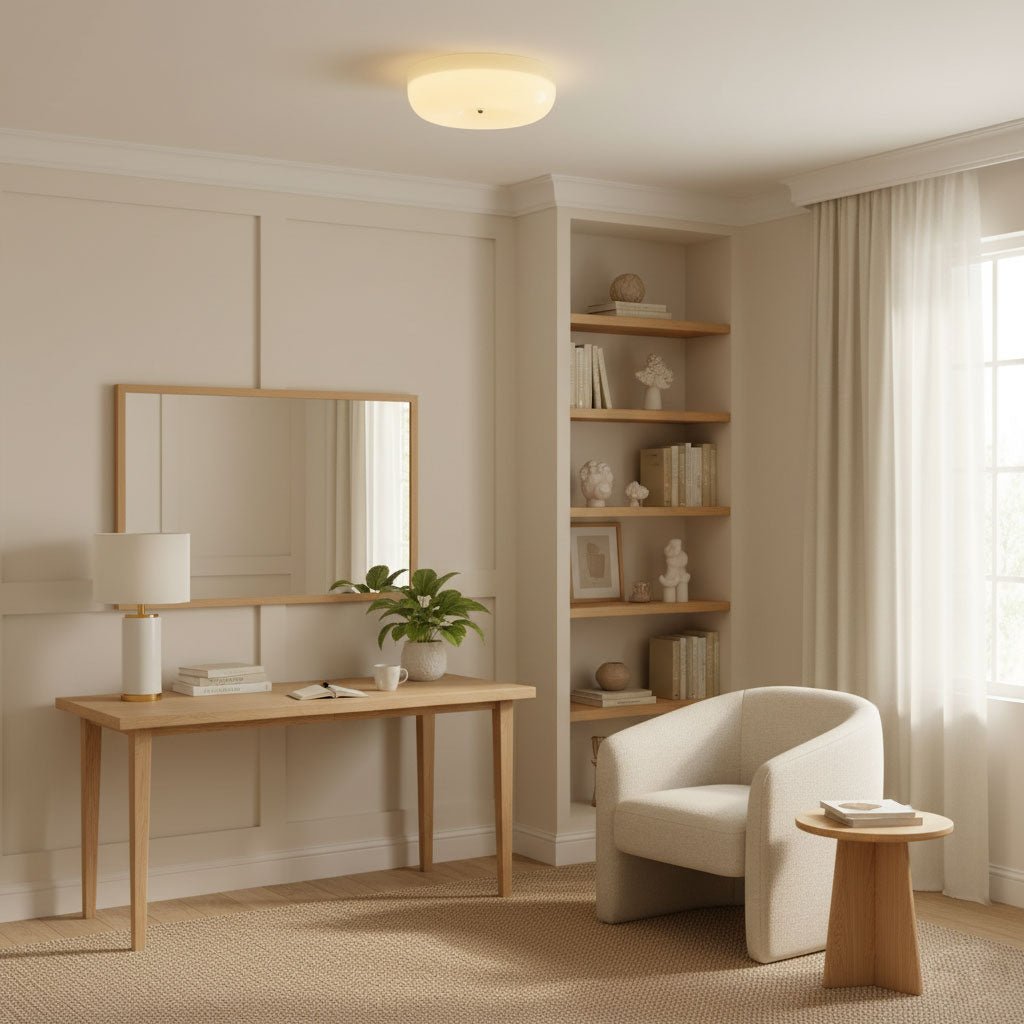 Ceiling Light Glass 15.7 in Cream Indoor Ambient Lighting Round Flush Mount Lamp | Thomler