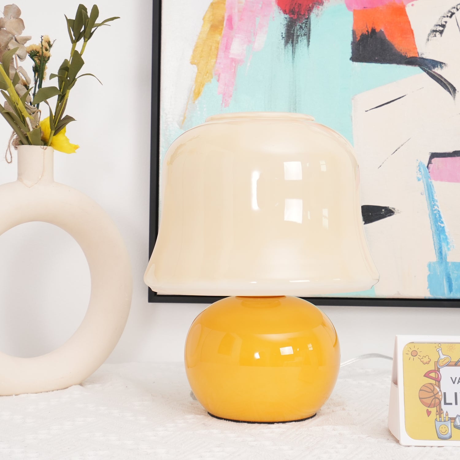 Table Lamp Enamel Glass 11.4 in Beige Indoor Decorative Bedroom Living Room Accent Light | Thomler