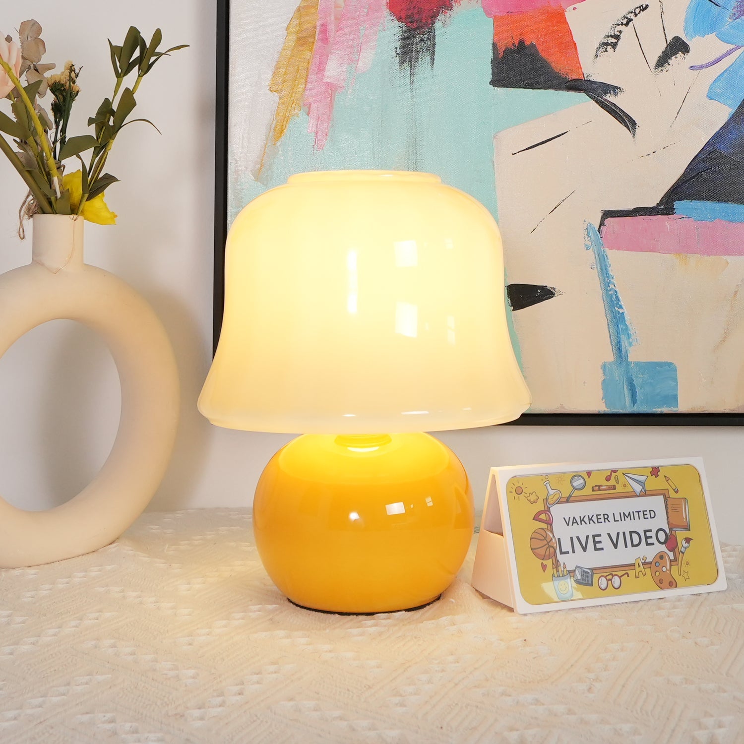 Table Lamp Enamel Glass 11.4 in Beige Indoor Decorative Bedroom Living Room Accent Light | Thomler