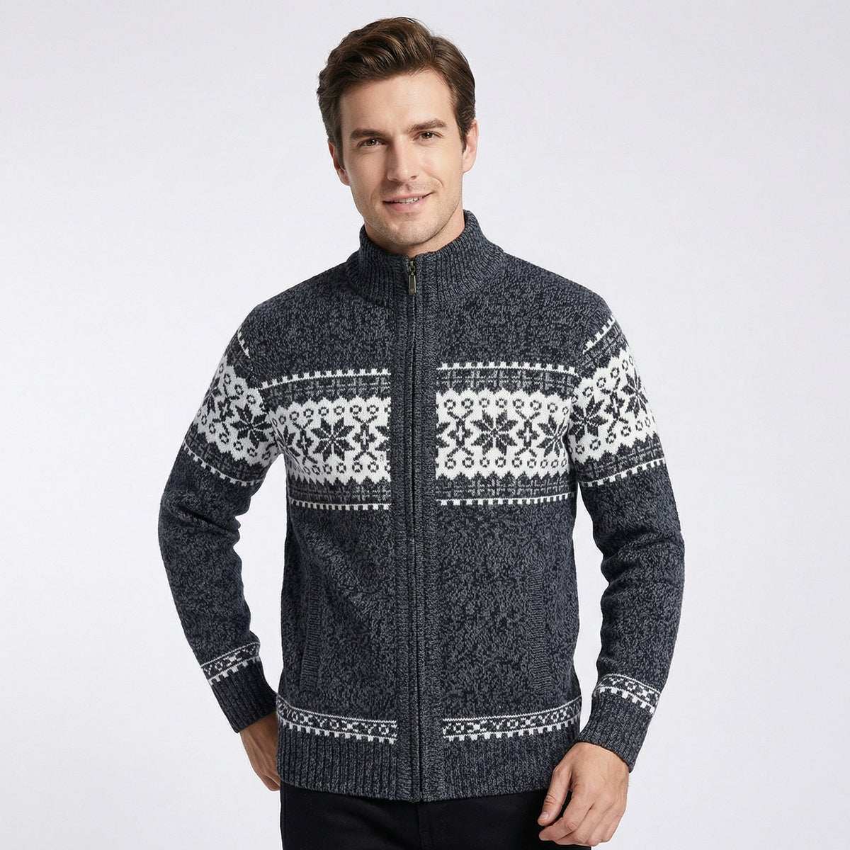 Men's Alpine Sweater Jacket – Full-Zip Cardigan with Stand-Up Collar & Fair Isle Pattern for Layering | Thomler