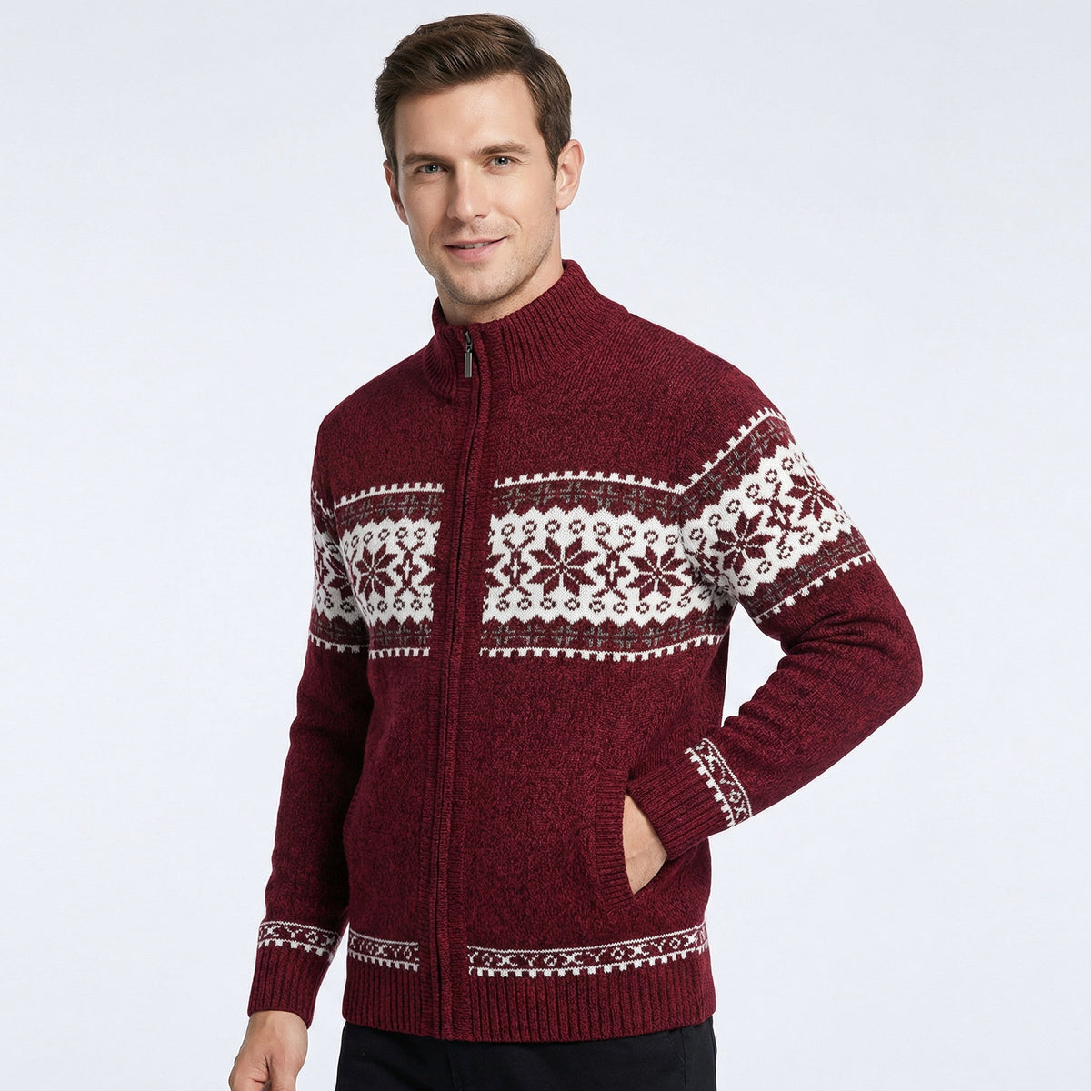 Men's Alpine Sweater Jacket – Full-Zip Cardigan with Stand-Up Collar & Fair Isle Pattern for Layering | Thomler