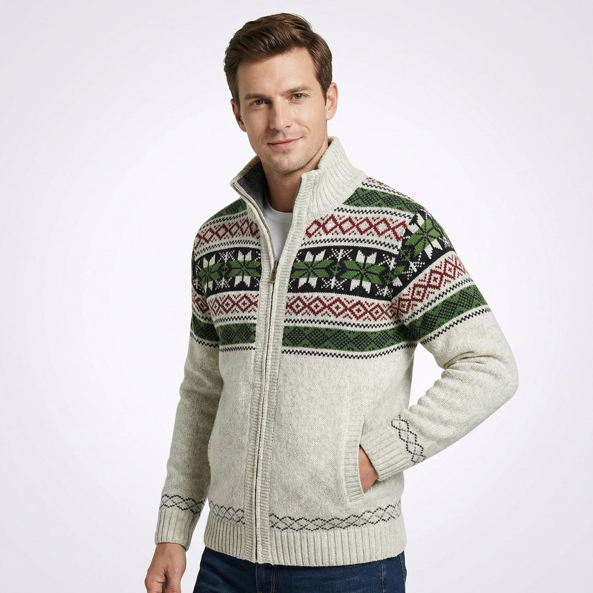Men's Alpine Sweater Jacket – Full-Zip Cardigan with Stand-Up Collar & Fair Isle Pattern for Layering | Thomler