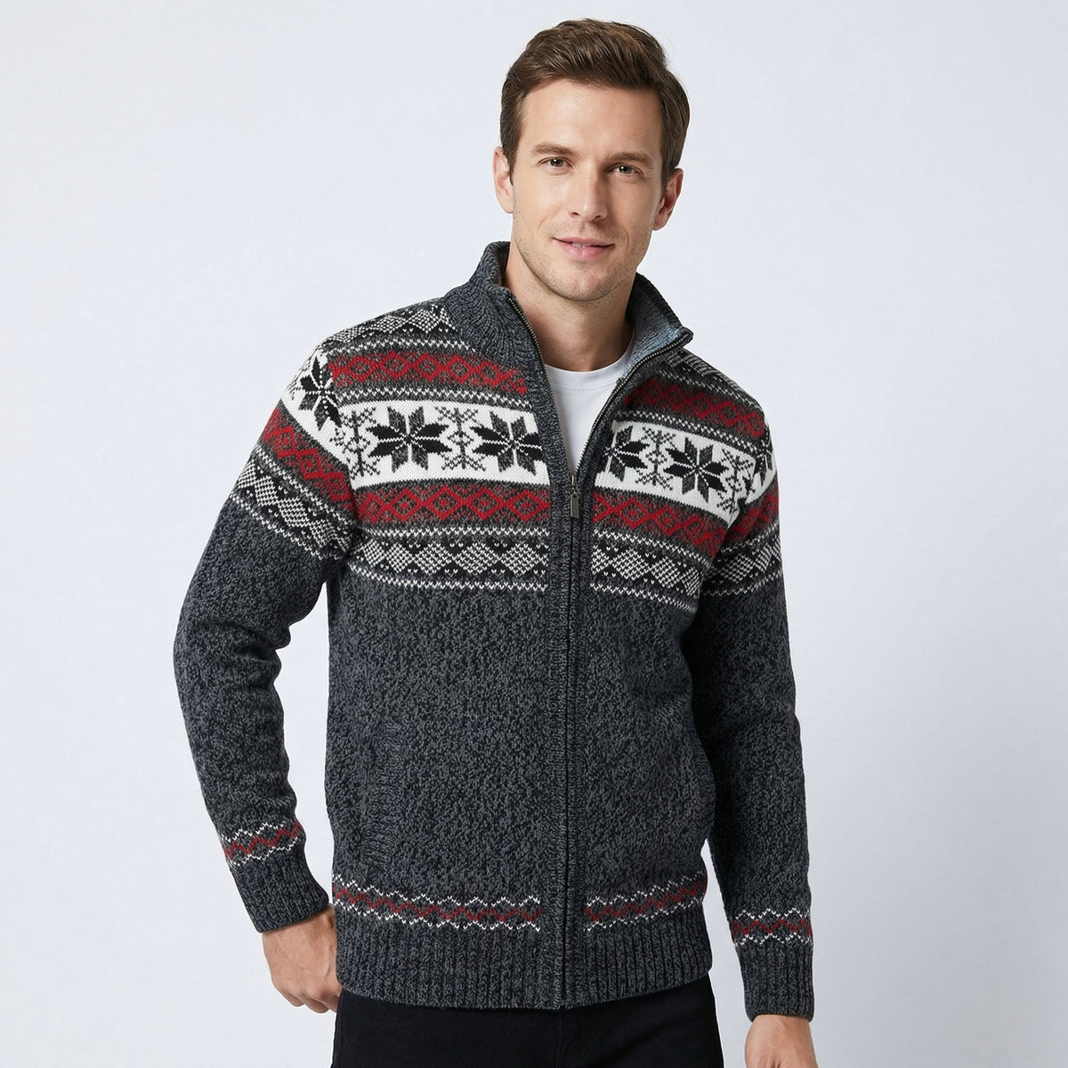 Men's Alpine Sweater Jacket – Full-Zip Cardigan with Stand-Up Collar & Fair Isle Pattern for Layering | Thomler