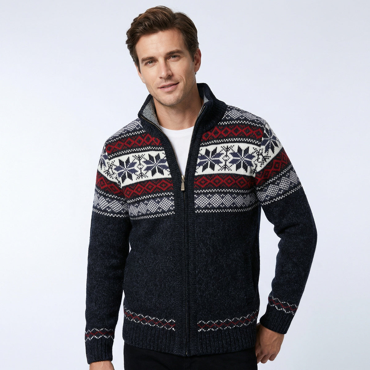 Men's Alpine Sweater Jacket – Full-Zip Cardigan with Stand-Up Collar & Fair Isle Pattern for Layering | Thomler