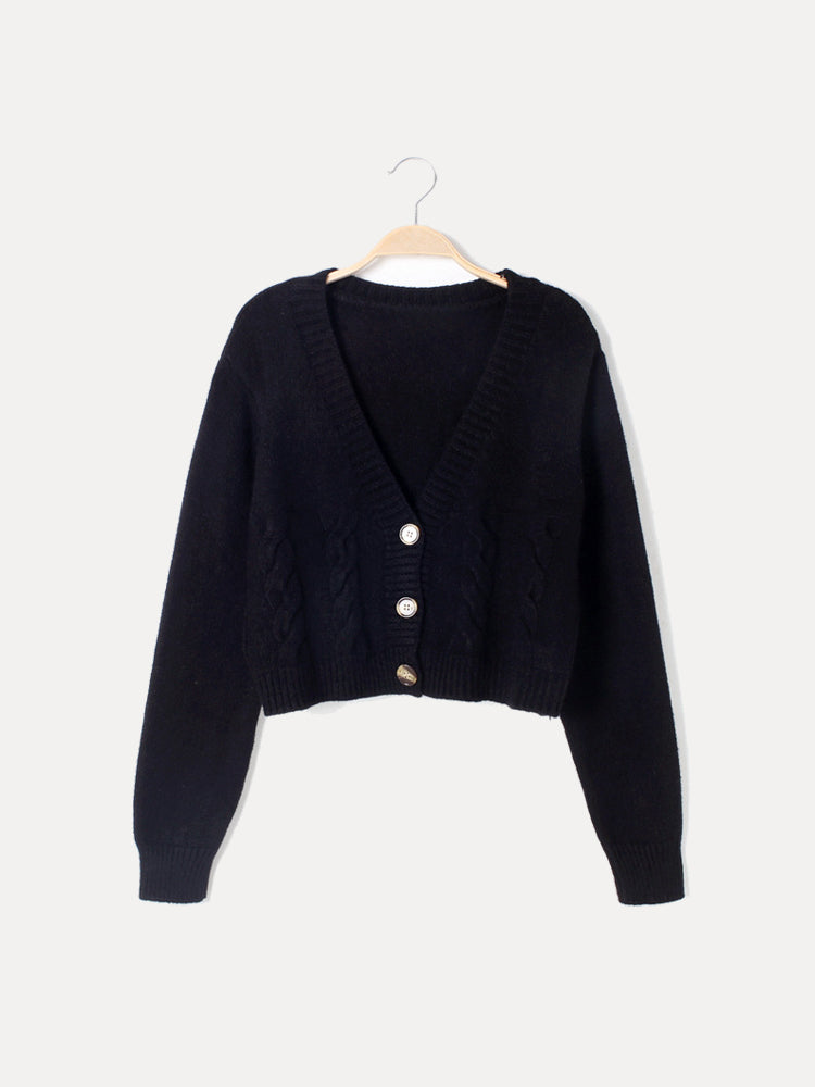 Women's Short Button-Front Sweater with Raised Stitch Detail & Natural Horn Closures – Relaxed Fit | Thomler