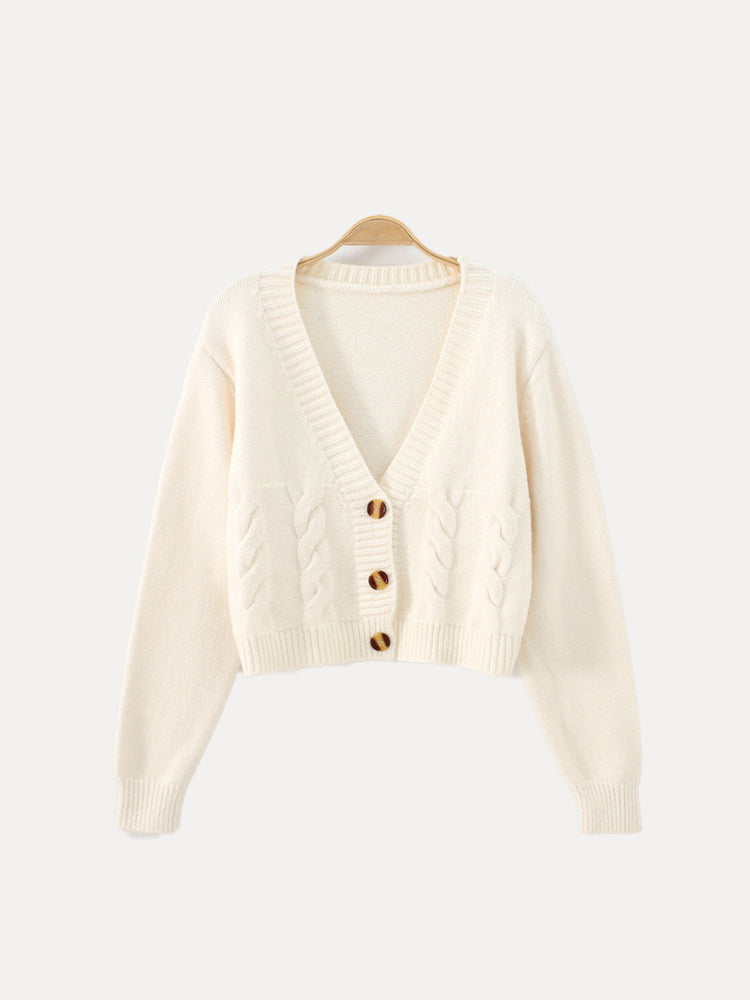 Women's Short Button-Front Sweater with Raised Stitch Detail & Natural Horn Closures – Relaxed Fit | Thomler
