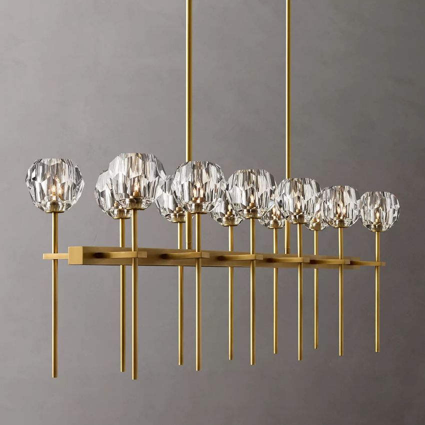 Linear Crystal Chandelier Brass & Glass LED Dining Room Statement Lighting Fixture Contemporary for Kitchen Island | Thomler