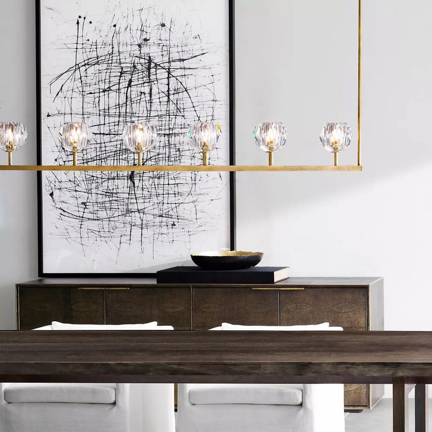 Linear Crystal Chandelier Brass & Glass LED Dining Room Statement Lighting Fixture Contemporary for Kitchen Island | Thomler
