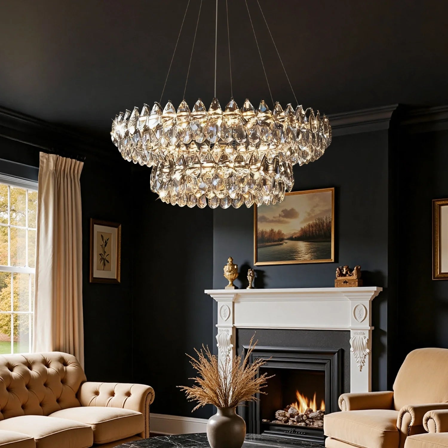 Chandelier Crystal Double Ring 32.3 in LED Chrome Dining Room Living Room Ceiling Light Fixture Modern Adjustable Hanging | Thomler